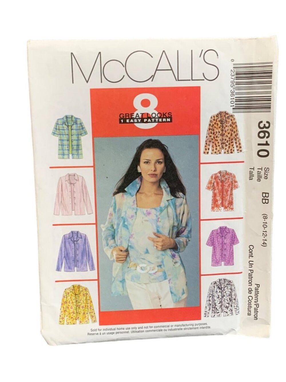 McCalls 3610 Womens Shirt Sewing Pattern Size 8-10-12-14 Uncut